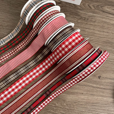 주문 영국 스타일 넥타이 크리스마스 격자 무늬 리본 꽃다발 친환경 직물 테이프 수제 꽃 DIY 선물 포장 재료 온라인 제조