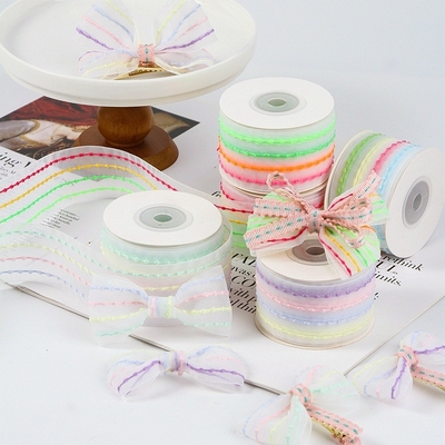 좋은 가격 Four color striped bubble transparent gauze ribbon hair accessory DIY bow material bouquet packaging ribbon 온라인으로