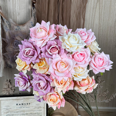 좋은 가격 Three head embossed rose wedding decoration flower material flower wall background simulation flower home soft decoration rose finished product 온라인으로